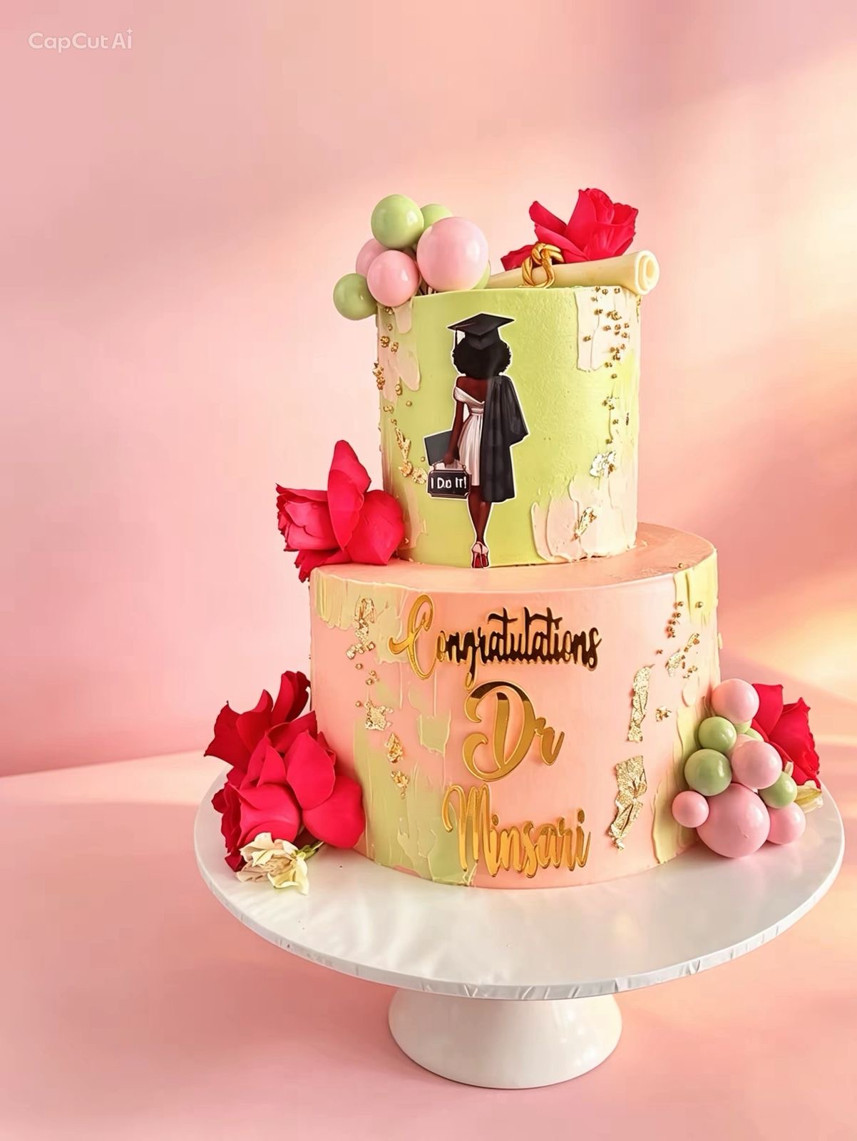 Two tier green and pink graduation cake